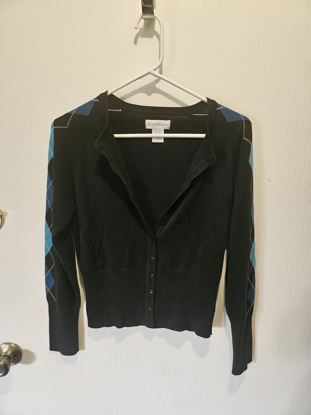 Worthington Black Button-Front Cardigan with Blue Argyle Sleeves